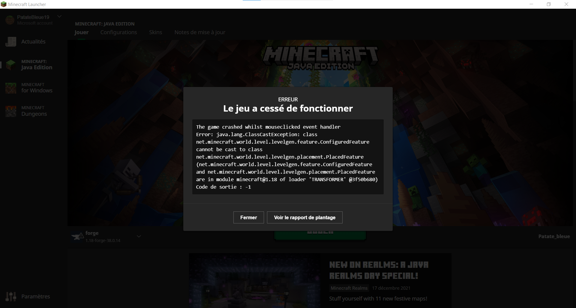 The game crashed whilst mouseclicked event handler | Forum Minecraft n