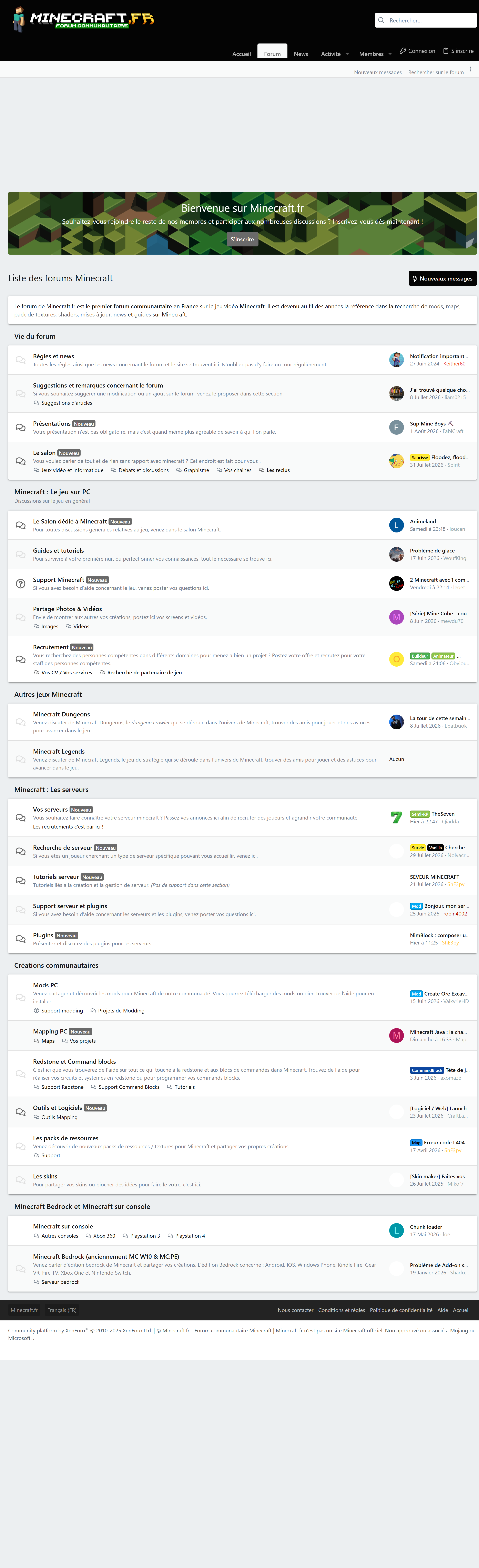 Ancienne page d'accueil du forum Minecraft.fr en thème clair, fond gris pâle et listes de forums très espacées