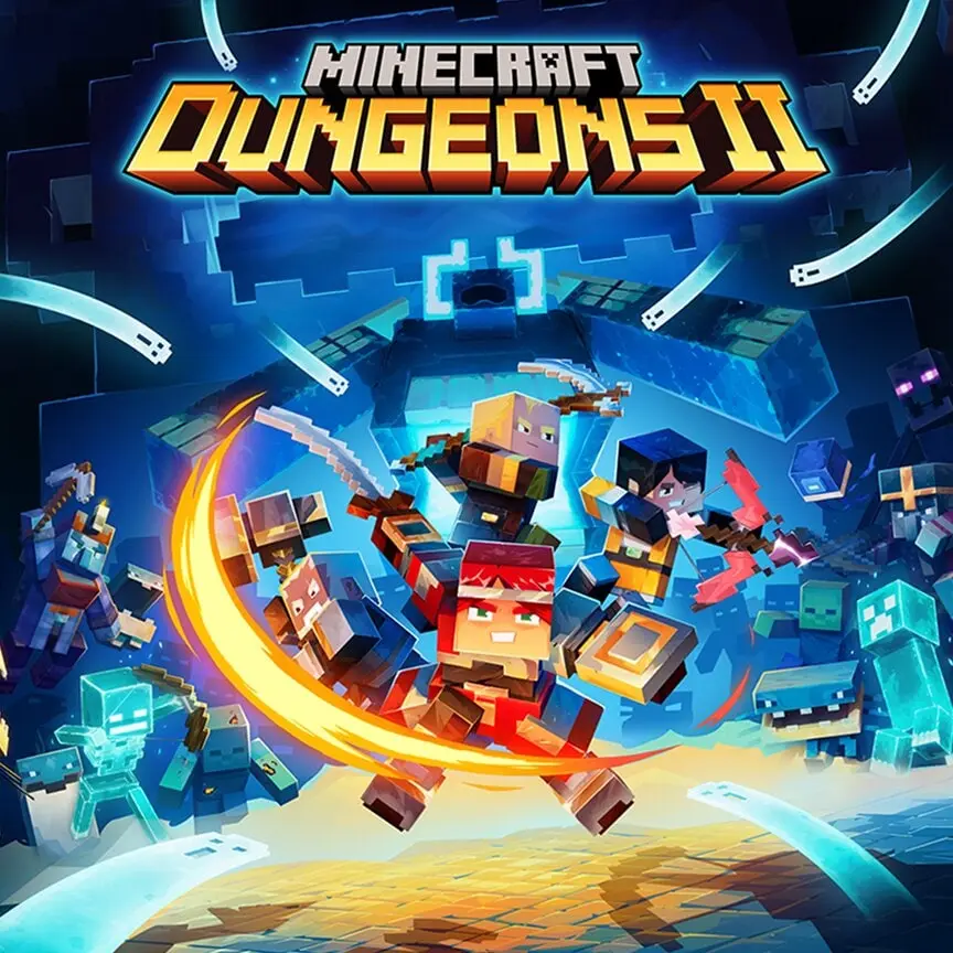 Jaquette de Minecraft Dungeons II, quatre héros en pleine attaque face aux mobs spectraux