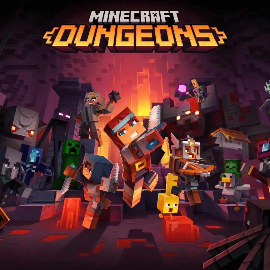 Jaquette de Minecraft Dungeons, les héros arme au poing dans un donjon de lave