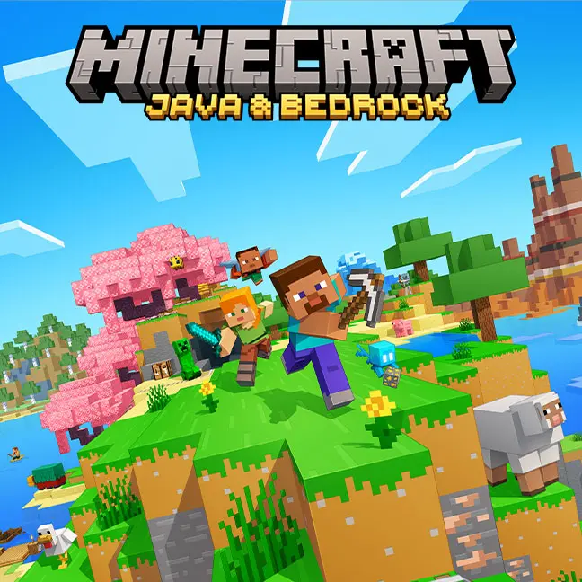Jaquette de Minecraft Java et Bedrock Edition, Steve et Alex sur une colline fleurie