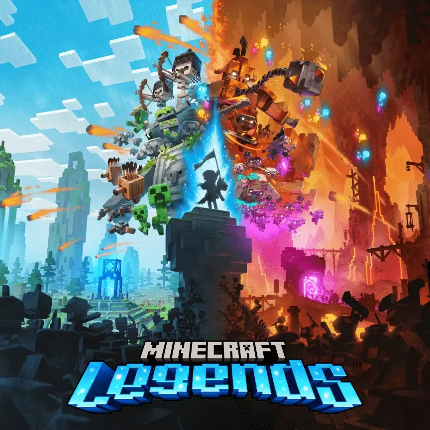 Jaquette de Minecraft Legends, le héros dressé entre l'Overworld et les forces du Nether