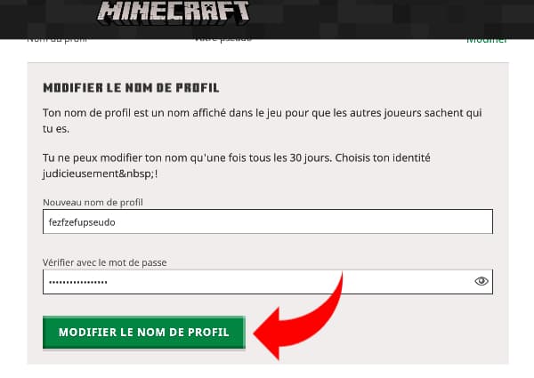 Changer de pseudo Minecraft : cliquez sur modifier le nom de profil