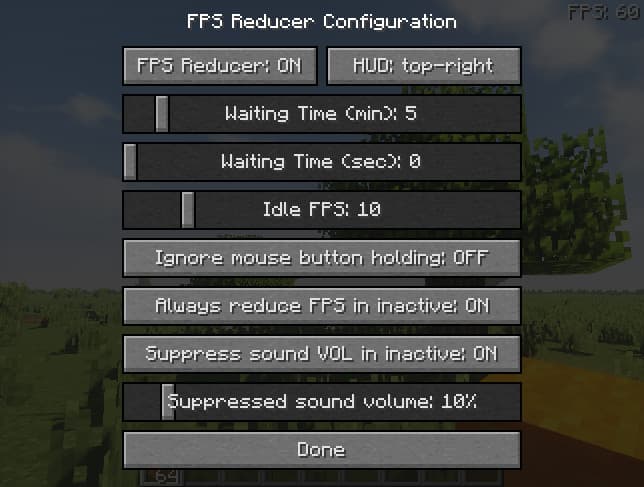 menu de configuration du mod minecraft FPS Reducer