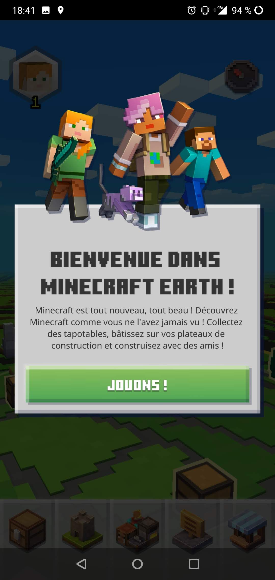 Minecraft Earth : message de bienvenue