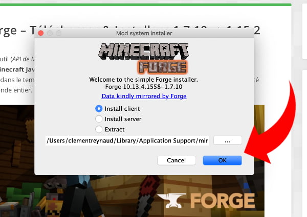 Installer Forge sur Minecraft : bouton OK