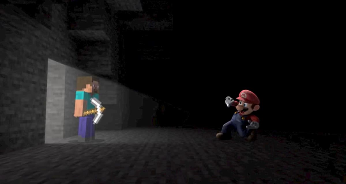 Steve en train d'effrayer Mario