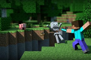 Fond d'écran Minecraft Fond d'écran Minecraft : Steve combat contre squelette