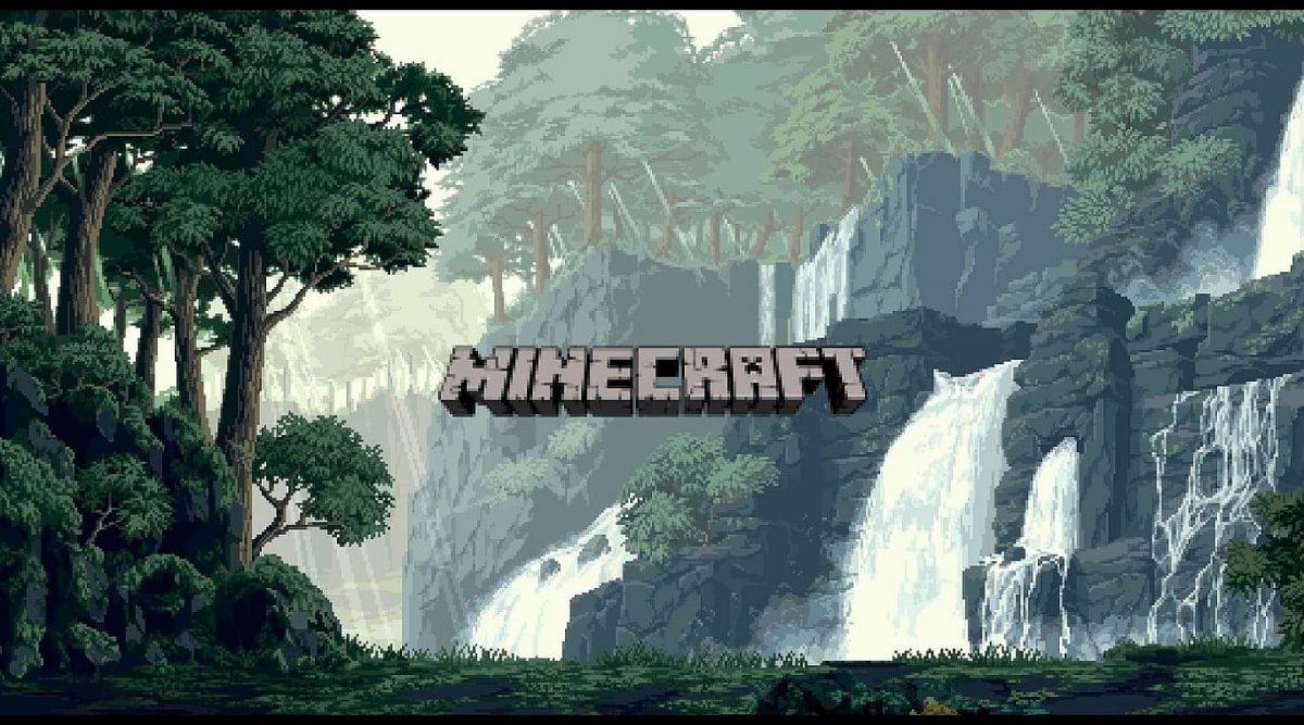 Fond d'écran Minecraft : logo pixel art forêt