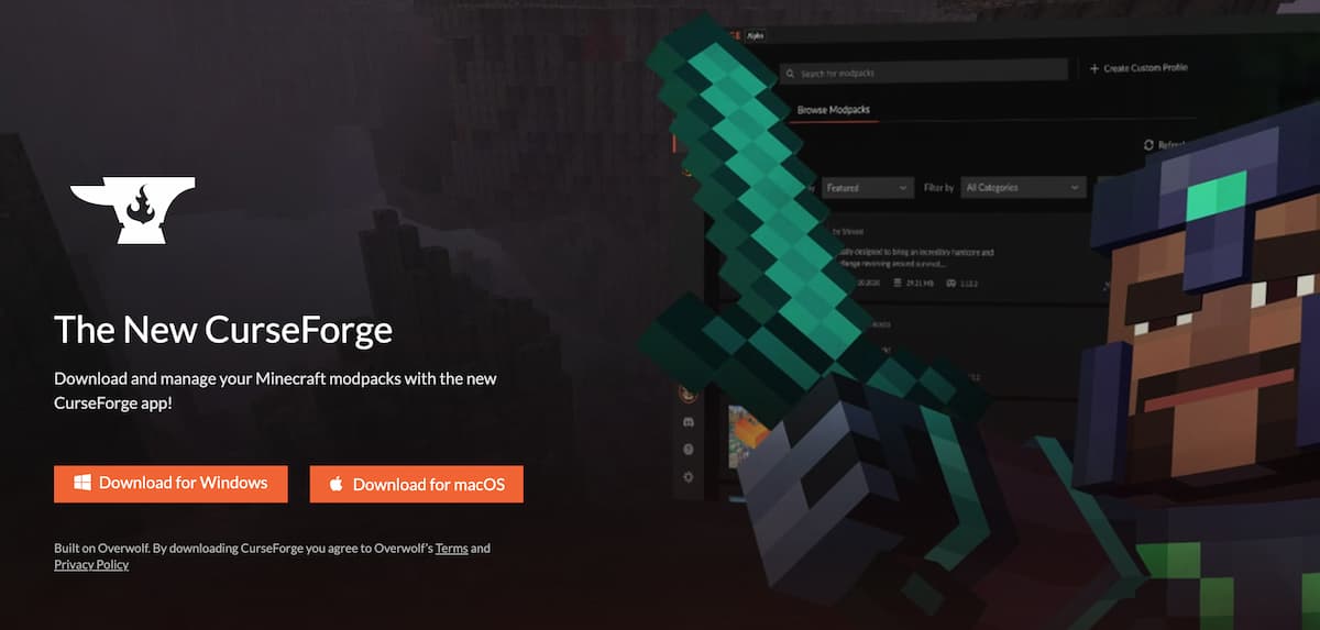La page de téléchargement du nouveau launcher de Curseforge par Overwolf.
