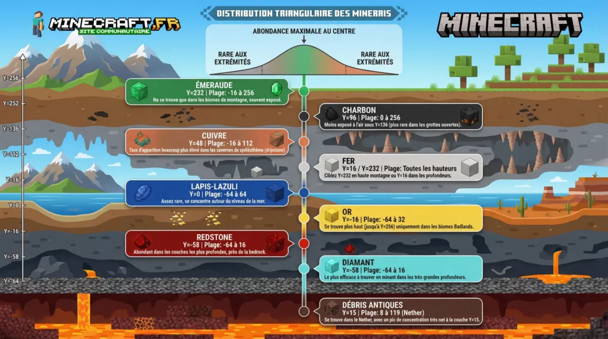 Schéma complet de la distribution des minerais dans Minecraft, avec les hauteurs optimales pour trouver l’émeraude, le cuivre, le charbon, le fer, le lapis-lazuli, l’or, la redstone, le diamant et les débris antiques dans l’Overworld et le Nether.