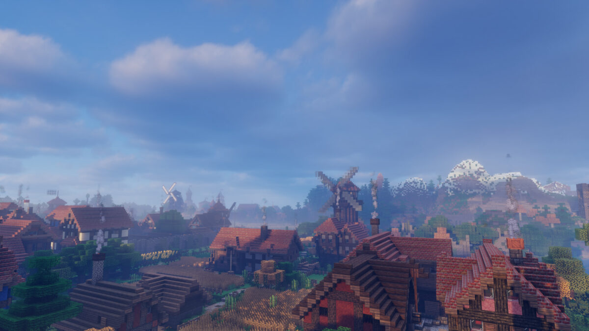 Bliss Shader Minecraft village matin ciel bleu