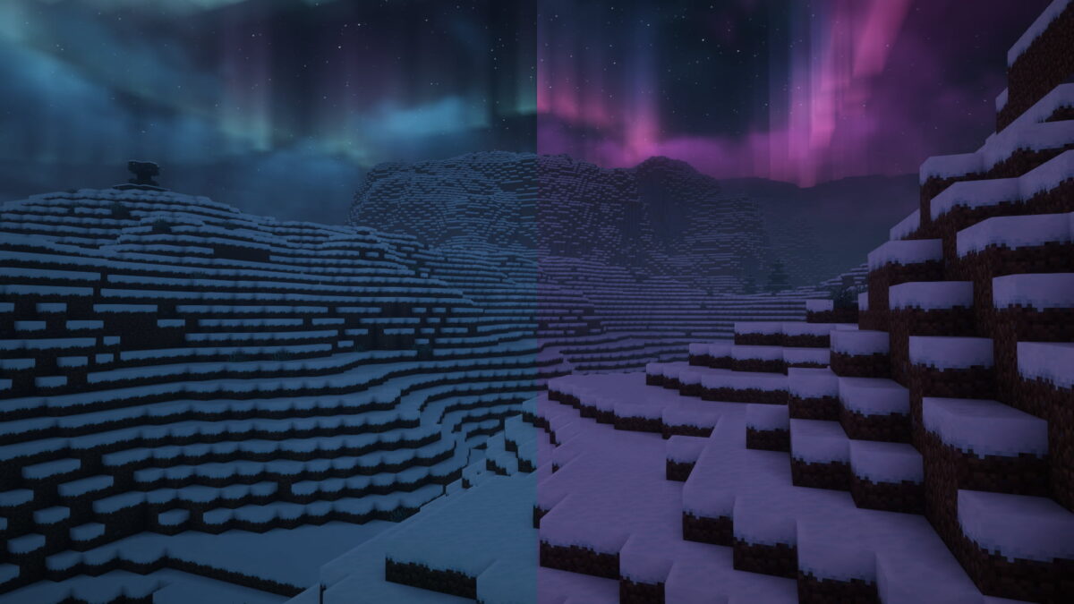 Terrain enneigé de Minecraft avec l'option Aurora Influence du shader Euphoria Patches activée