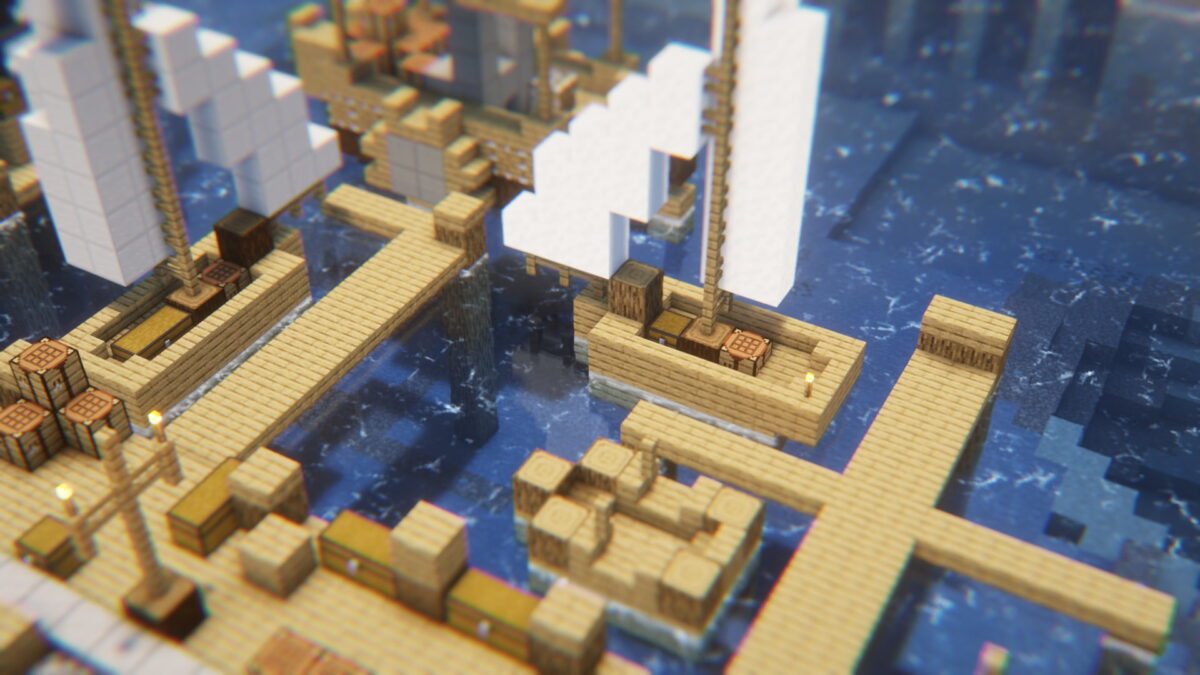 Port avec des bateaux et de l'eau stylisée dans Minecraft grâce au shader Euphoria Patches