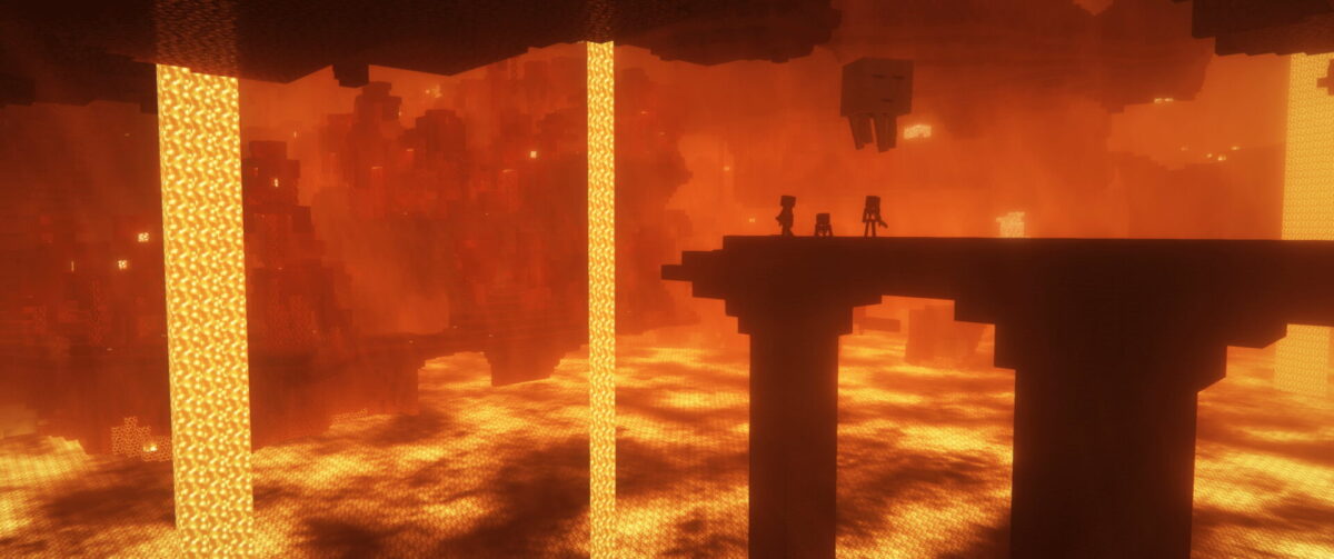 Paysage du Nether avec de la lave texturée et des effets de lumière grâce au shader Euphoria Patches dans Minecraft