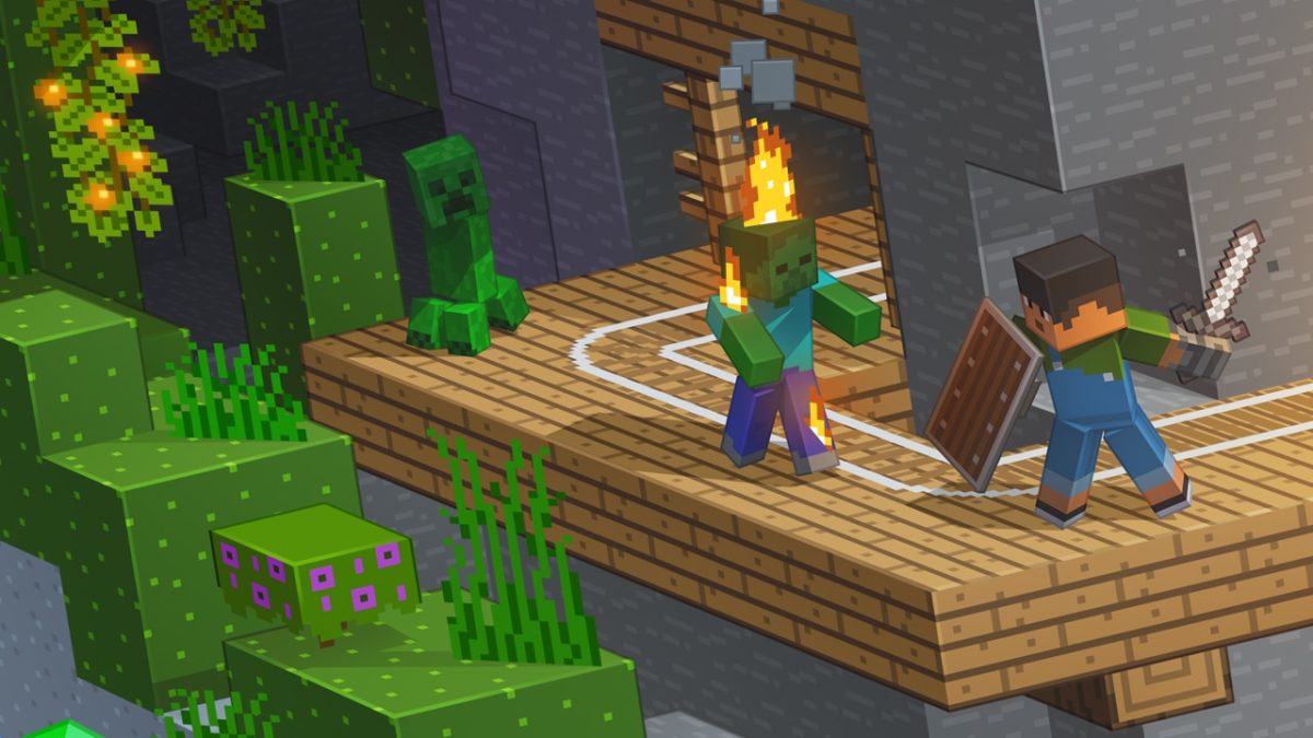 Nouvelle illustration officielle de Minecraft : un joueur combat un zombie enflammé tandis qu'un creeper se prépare à attaquer.