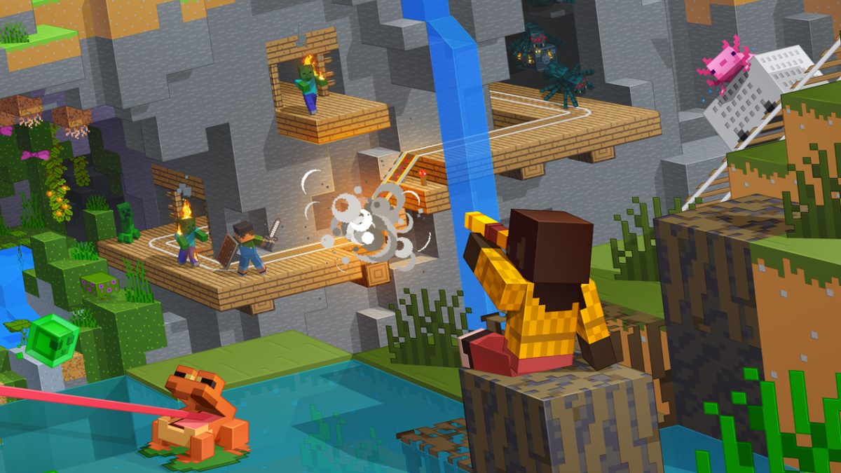 
Nouvelle illustration officielle de Minecraft : une exploration souterraine intense avec des combats contre des zombies et des créatures aquatiques.