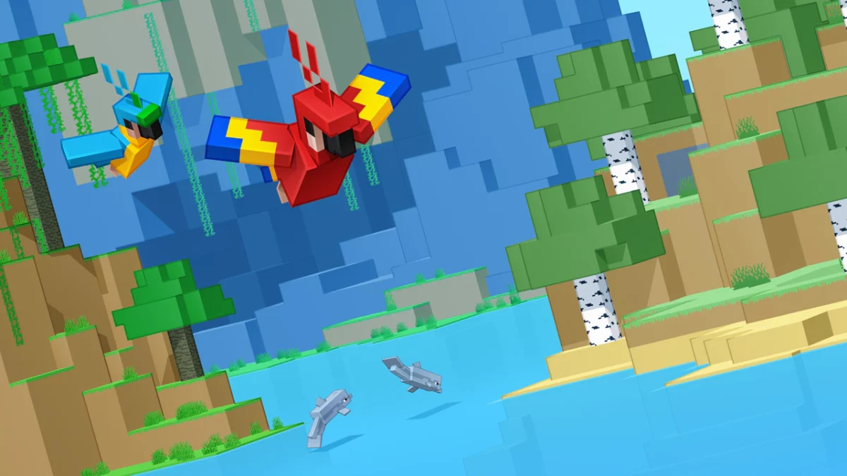 
Nouvelle illustration officielle de Minecraft : des perroquets colorés survolant un paysage aquatique avec des dauphins joueurs.