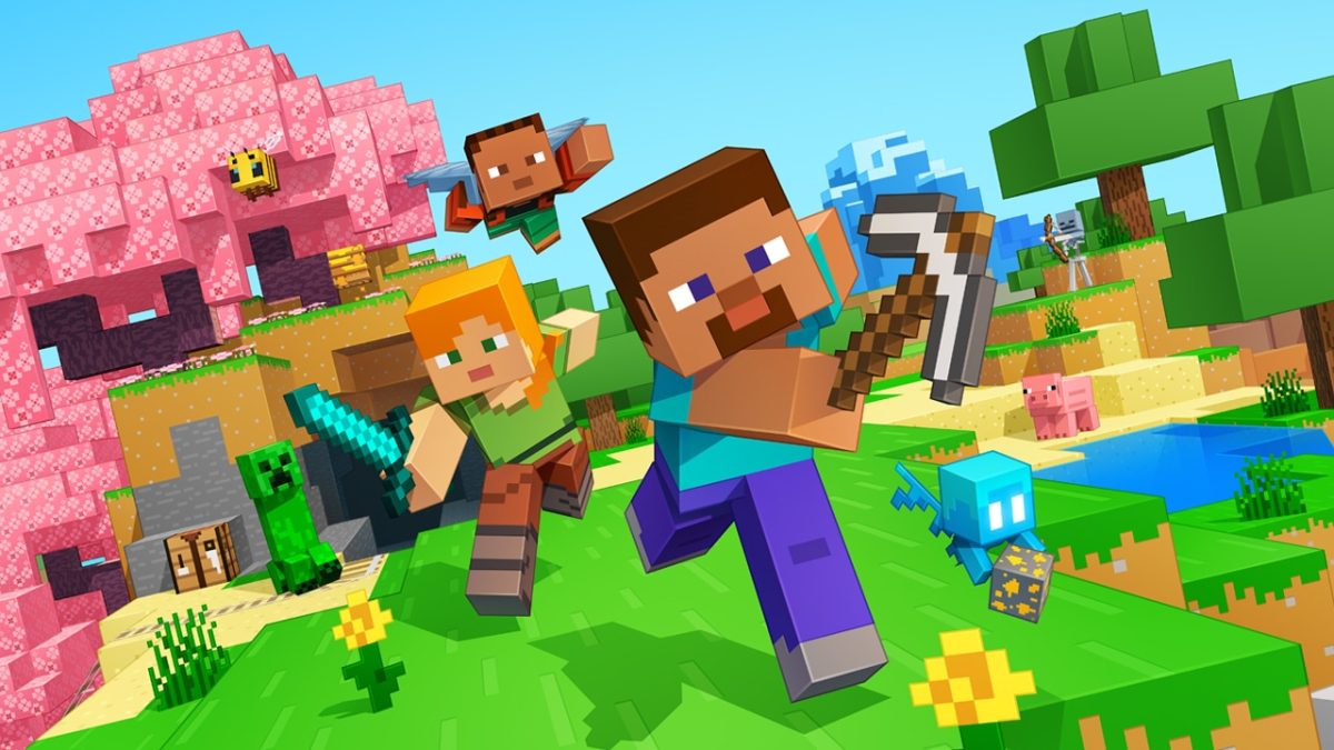 Nouvelle illustration officielle de Minecraft : Alex et Steve partent à l'aventure, entourés de créatures emblématiques et de paysages variés.