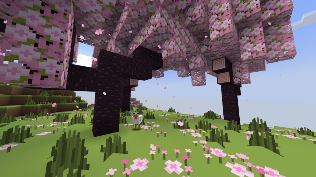 Bosquet de cerisiers en fleurs avec des textures plastiques dans Minecraft utilisant le Plastic Texture Pack