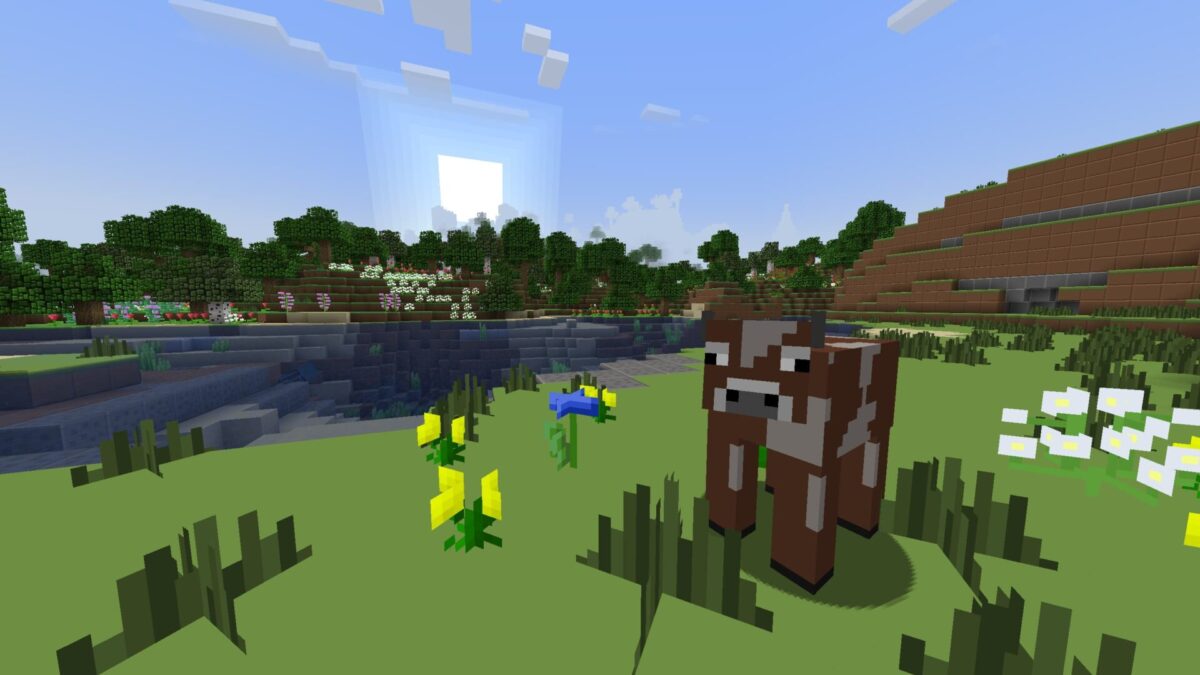 Vache et paysage de plaine avec des textures plastiques dans Minecraft utilisant le Plastic Texture Pack