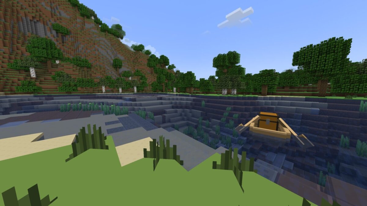 Rivière paisible avec une barque et des textures plastiques dans Minecraft utilisant le Plastic Texture Pack