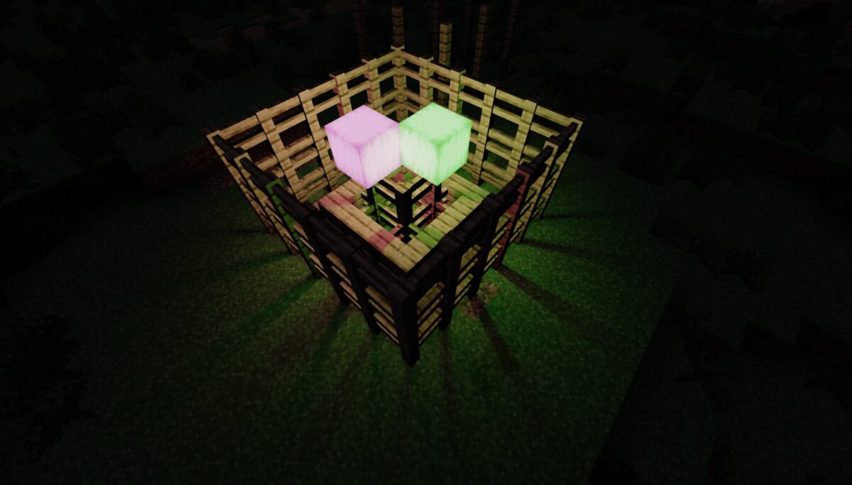 Ombres des blocs tracées par rayons avec Shrimple Shader dans une structure en bois de Minecraft