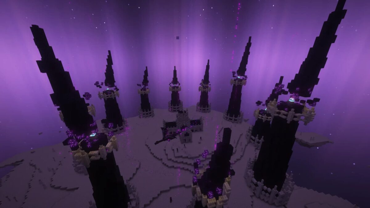 Combat contre l'Ender Dragon dans Tales of Aged Minecraft avec des tours obsidiennes et une ambiance lumineuse violette.