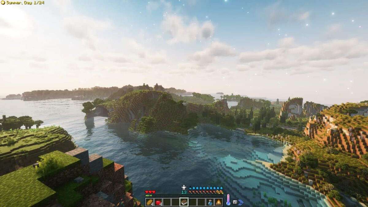 Paysage Minecraft de Tales of Aged avec un kit de départ, incluant des outils et un livre guide sur un rivage au lever du soleil.