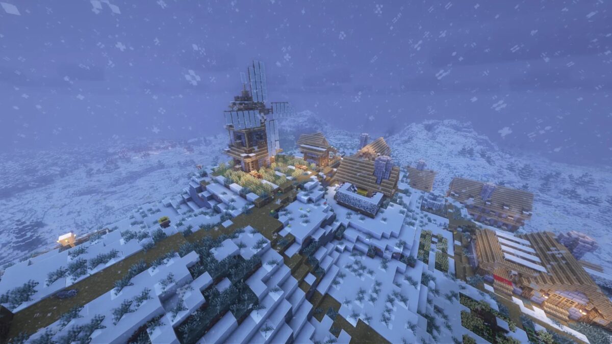 Village enneigé dans Tales of Aged Minecraft illustrant un hiver rigoureux avec des structures de ferme et un moulin à vent.