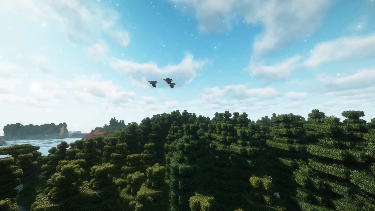 Paysage naturel dans Tales of Aged Minecraft avec une forêt dense et des oiseaux volant dans le ciel.