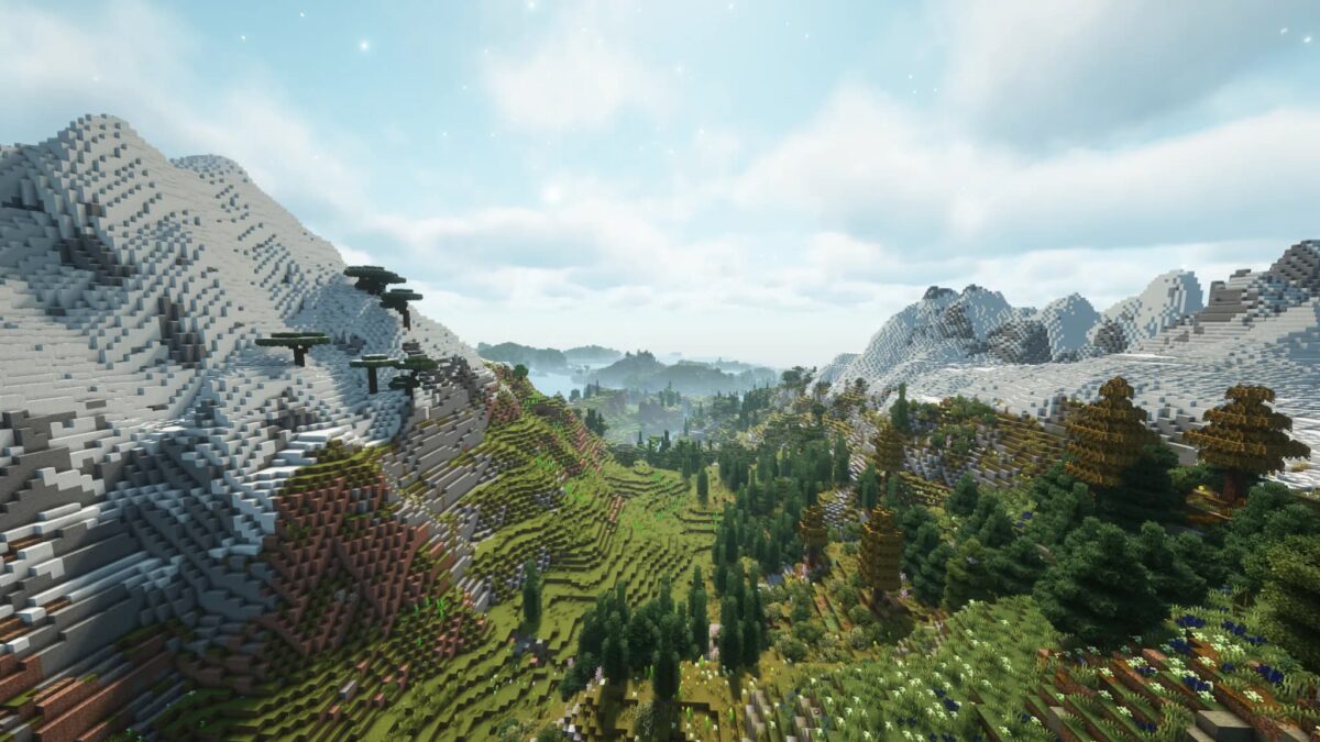 Paysage médiéval réaliste dans Tales of Aged Minecraft avec montagnes enneigées et vallée verdoyante.