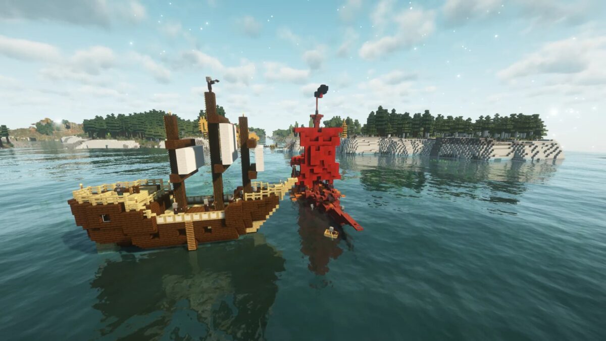 Navires pirates dans Tales of Aged Minecraft avec des pillards utilisant des bateaux pour attaquer.