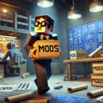 Un employé de Mojang, l'air suspicieux, pris sur le fait en train de voler des mods dans une salle remplie d'outils et de plans de mods, illustré dans le style pixelisé de Minecraft