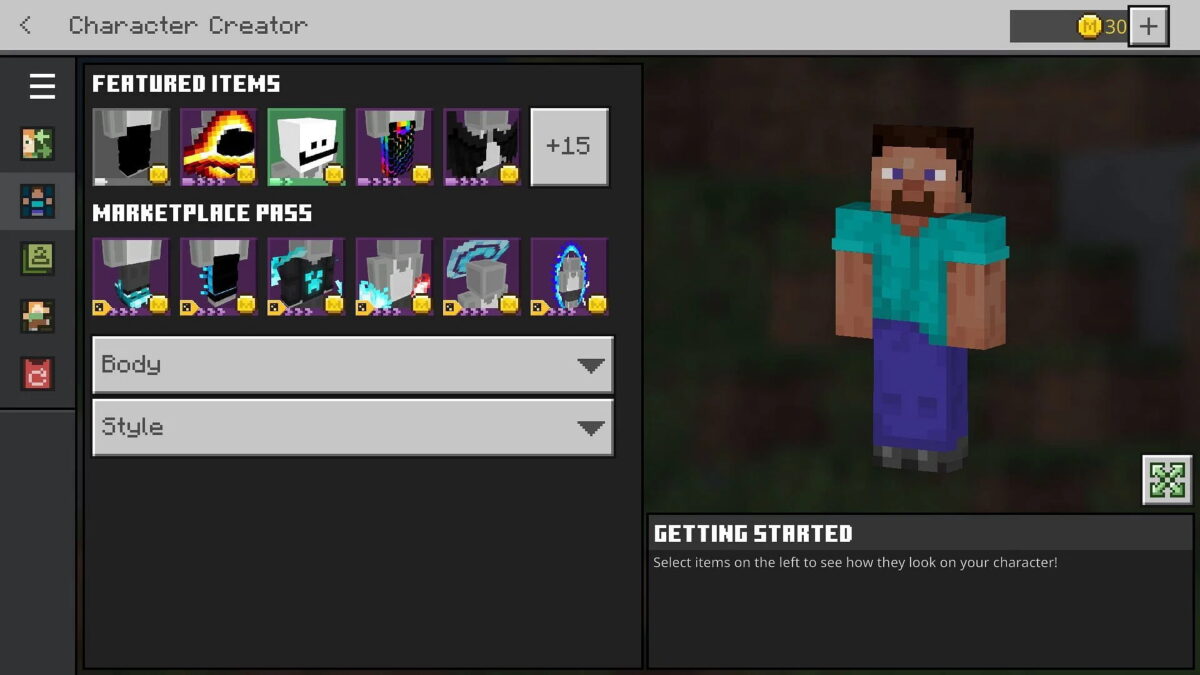 Capture d'écran du Créateur de Personnages dans Minecraft Bedrock Edition, montrant des options de personnalisation avancées pour les avatars