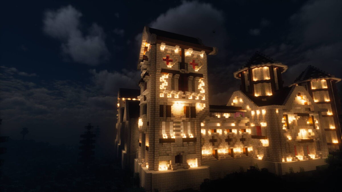 château mystérieux et éloigné éclairé la nuit dans le modpack Elysium Days pour Minecraft