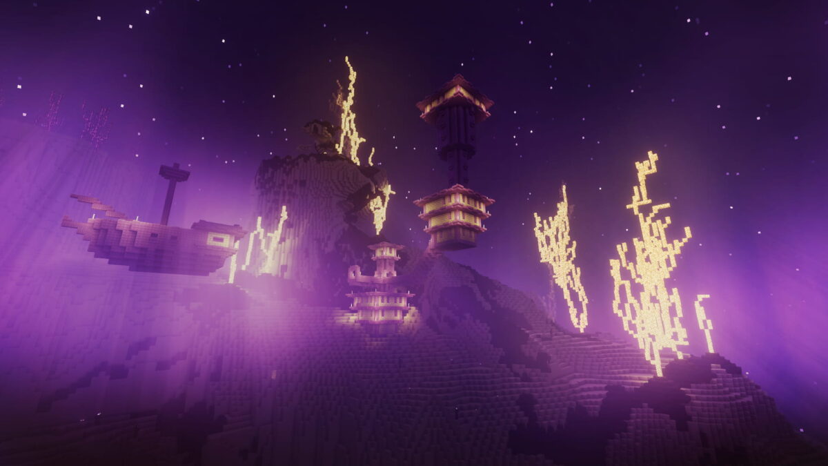 nouveau biome et structures mystérieuses dans l'End recréé du modpack Elysium Days pour Minecraft