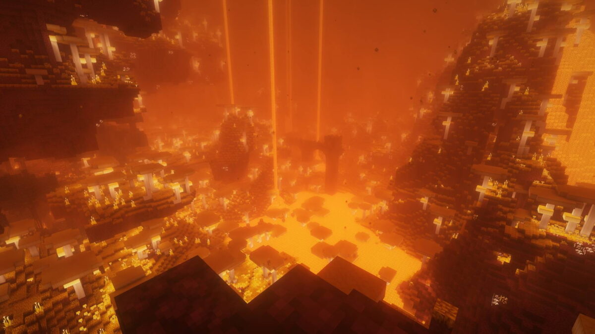 paysage de lave et de structures ardentes dans le Nether modifié du modpack Elysium Days pour Minecraft