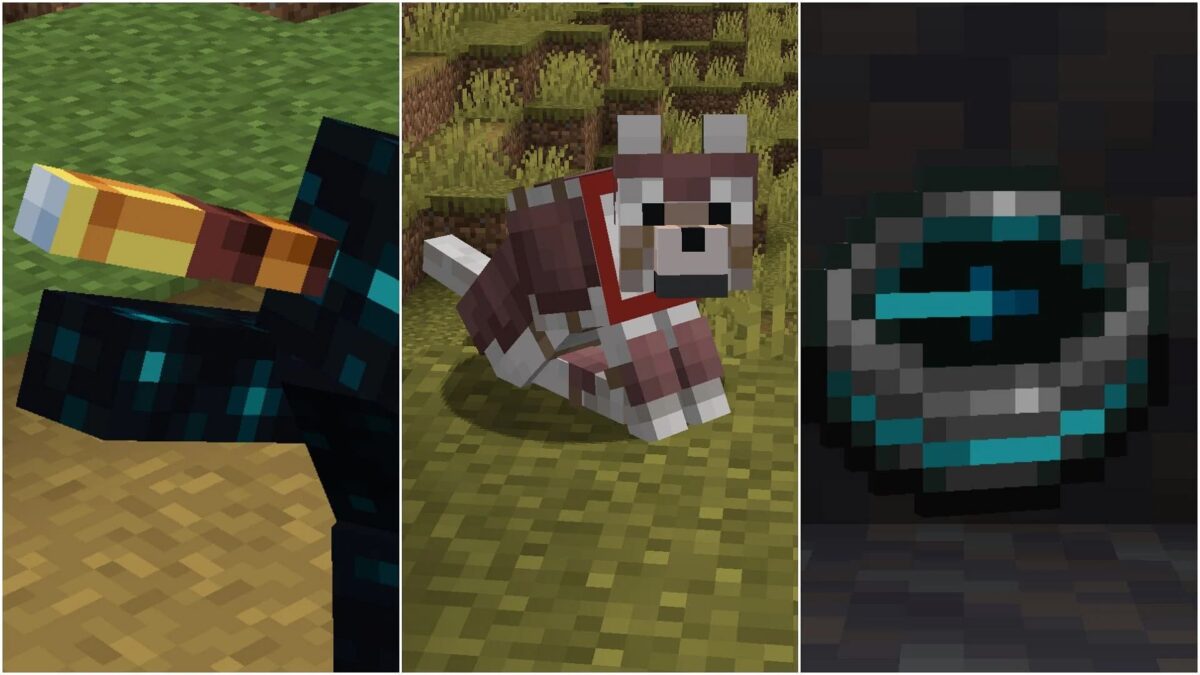 Divers outils et créatures dans Minecraft, incluant une longue-vue, un loup avec une armure et une boussole de récupération, montrant des fonctionnalités potentiellement inspirées par des mods.