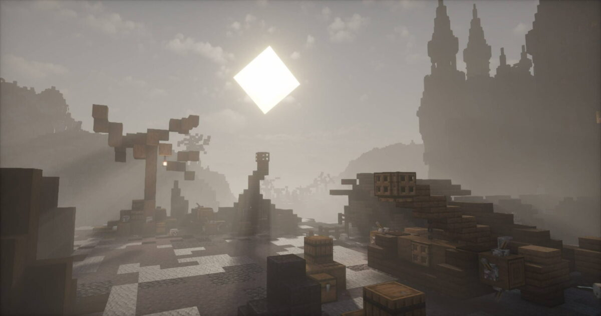 Scène atmosphérique avec brouillard volumétrique et éclairage réaliste dans Minecraft utilisant le shader Hysteria Shaders