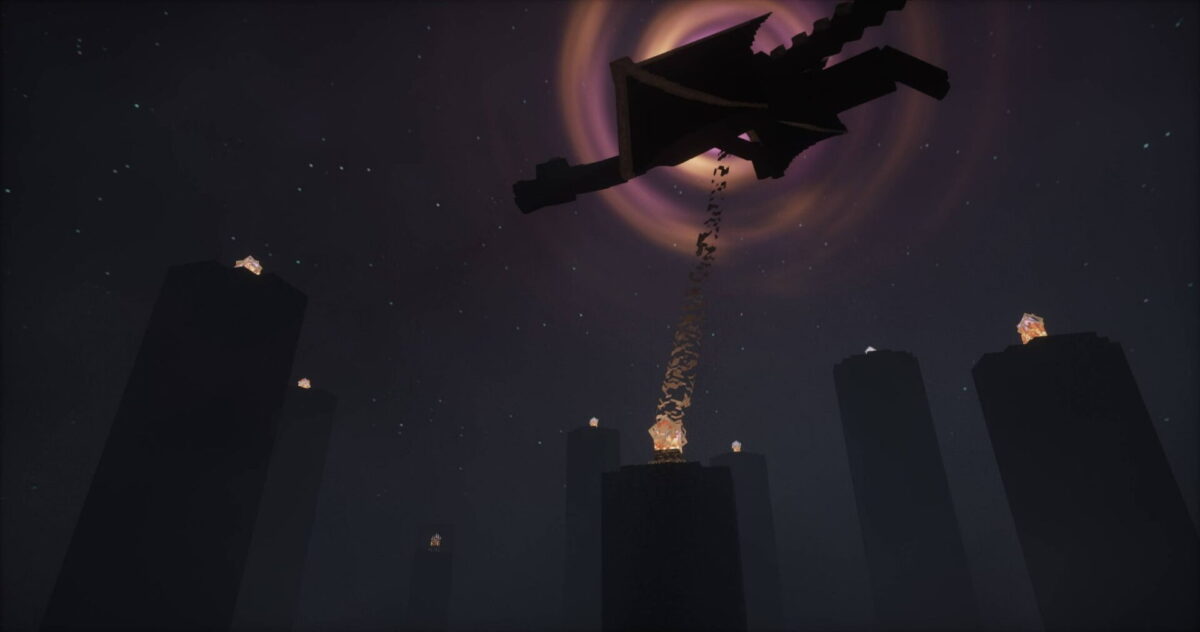 Combat contre le dragon de l'End avec effets de lumière et ambiance sombre dans Minecraft utilisant le shader Hysteria Shaders