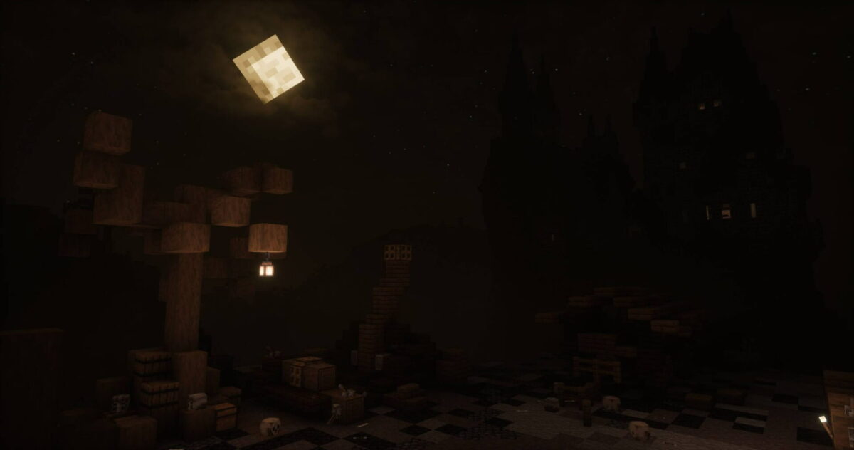 aysage nocturne avec éclairage sombre et lune brillante dans Minecraft utilisant le shader Hysteria Shaders