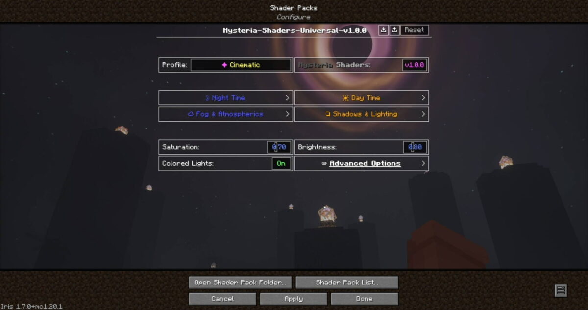 Menu de configuration du shader Hysteria Shaders dans Minecraft montrant les options de personnalisation