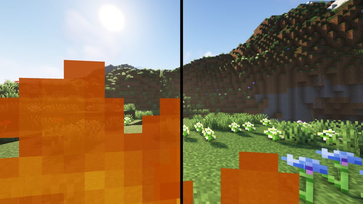 Comparaison de l'affichage des flammes dans Minecraft avec et sans le pack de textures Low On Fire