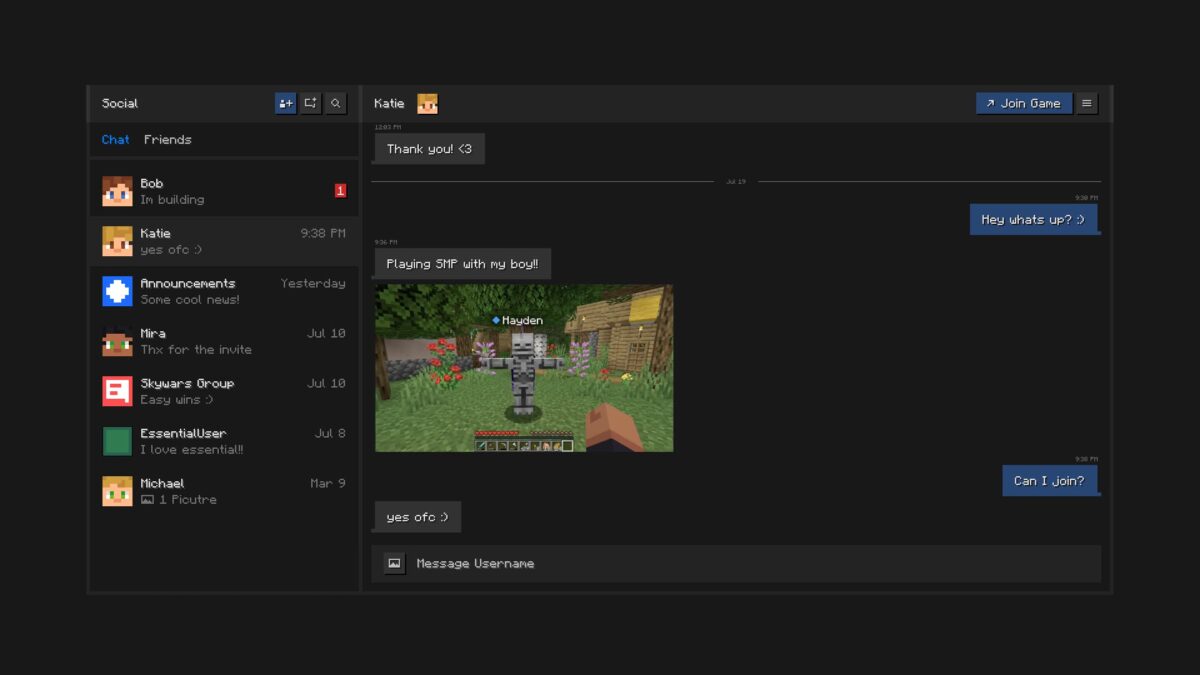 Essential Mod Minecraft - Interface de messagerie intégrée avec des discussions et des captures d'écran de jeu