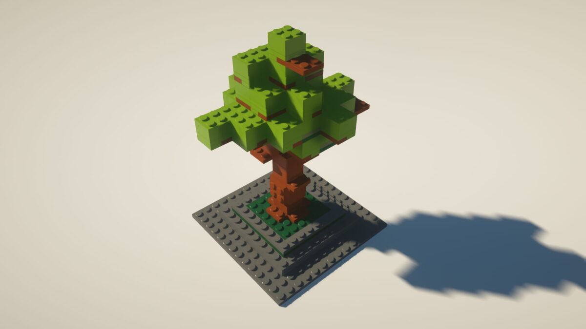 Arbre en blocs LEGO dans Minecraft avec le pack de textures MineBricks, placé sur une base de construction réaliste.