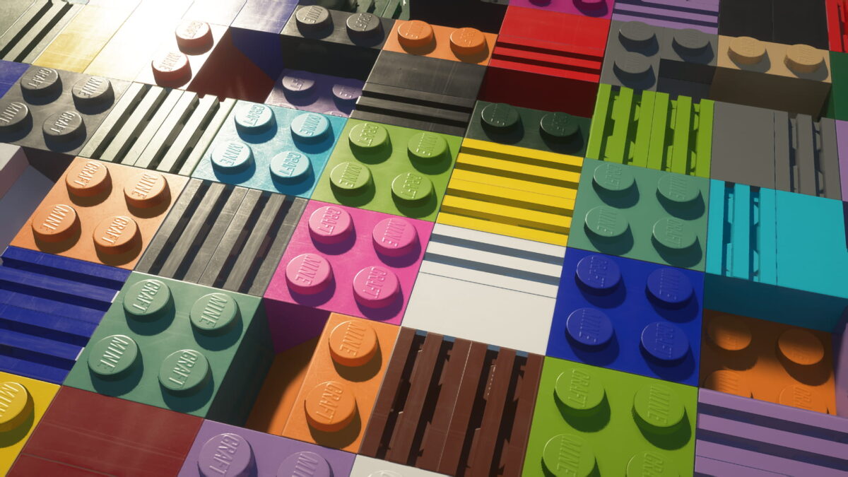 Palette de blocs colorés dans Minecraft avec le pack de textures MineBricks, chaque bloc imitant des briques LEGO avec des textures variées.