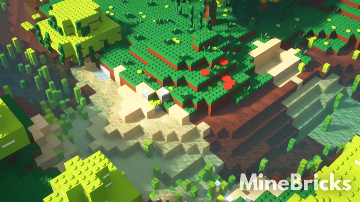 Paysage de rivage réaliste dans Minecraft transformé en briques LEGO avec le pack de textures MineBricks.