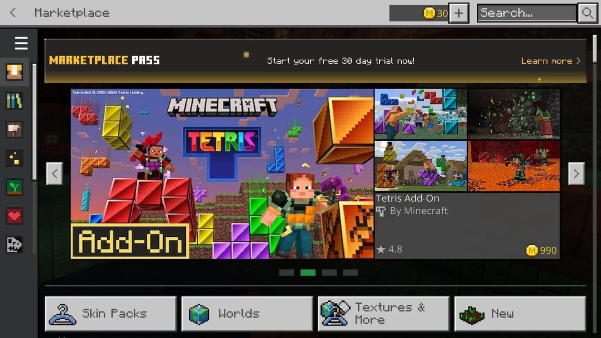 Capture d'écran du Minecraft Marketplace montrant une variété de contenus téléchargeables, dont un add-on Tetris, disponible dans Minecraft Bedrock Edition