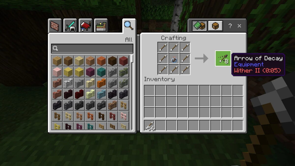 Capture d'écran du menu de crafting dans Minecraft Bedrock Edition montrant la création de flèches de décomposition, une fonctionnalité exclusive à cette édition